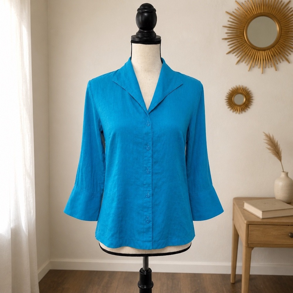 Talbots Irish Linen Shirt Turquoise Blue 3/4 Sleeve Button Down Size 8 Coastal